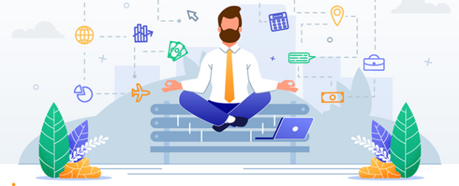 Man meditating in front of laptop