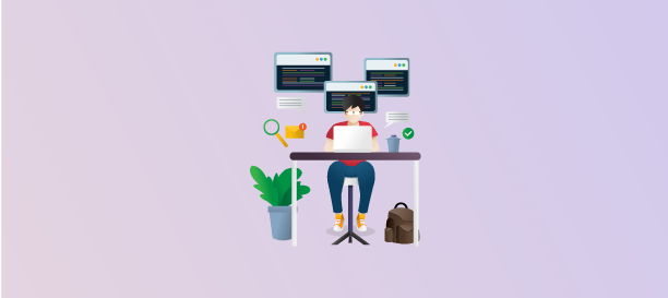 Man at desk with three screens