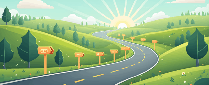 Illustration of a winding road stretching through green rolling hills under a bright sky, with a glowing sun on the horizon