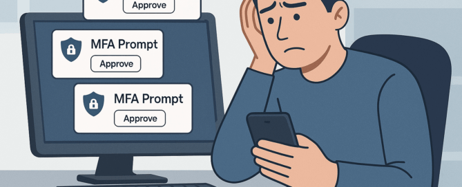 A frustrated office worker sitting at a desk holding a smartphone, with multiple MFA prompts cluttering their computer screen.