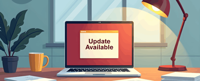 A laptop on a law office desk displays a blinking “Update Available” notification. The workspace is calm and professional, highlighting the overlooked system alert as a hidden security risk.