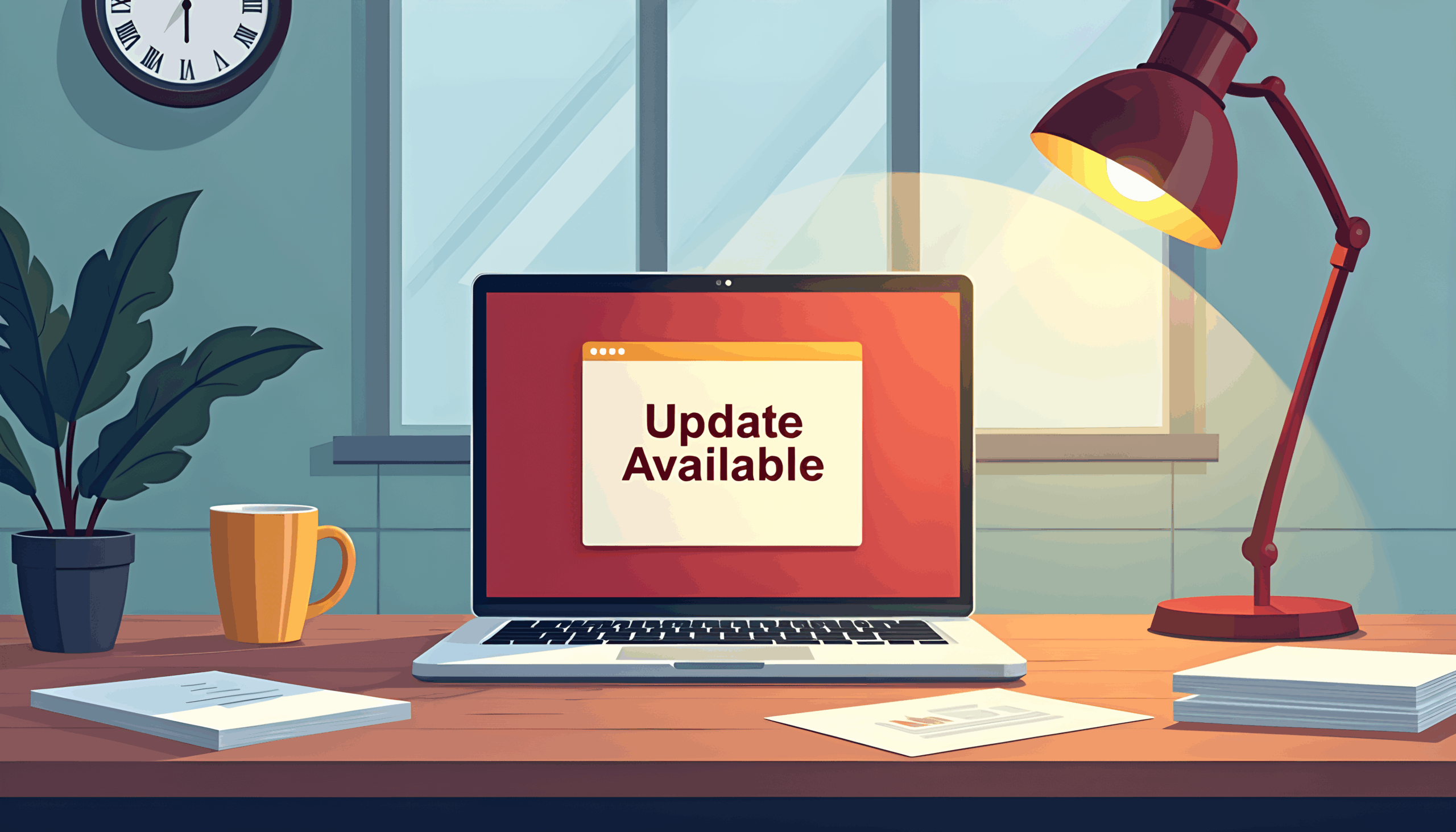 A laptop on a law office desk displays a blinking “Update Available” notification. The workspace is calm and professional, highlighting the overlooked system alert as a hidden security risk.